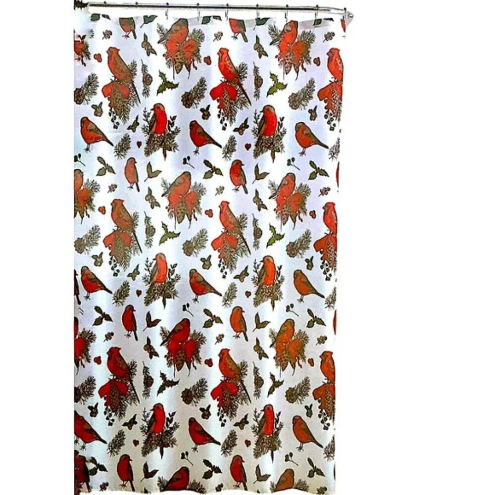 Christmas Cardinals Birds Winter Holiday Fabric Shower Curtain White Red 70 x 72